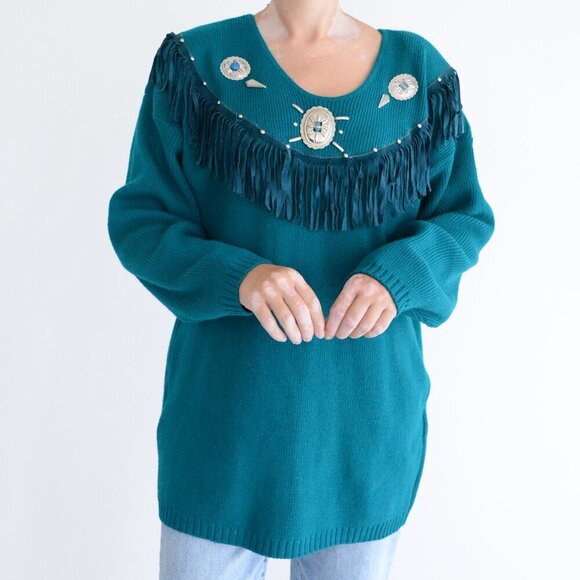 Vintage Cover Charge Teal Western Fringe Cowgirl Long Sleeve Shirt L - Picture 2 of 13